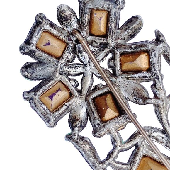 Vintage 1930s Floral Bouquet Brooch Purple Glass Enamel Pot Metal Jewelry Pin - Picture 9 of 15